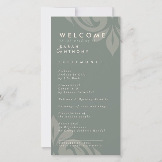 Smaakvol Elegant Damask Olive Wedding Programma (Voorkant)