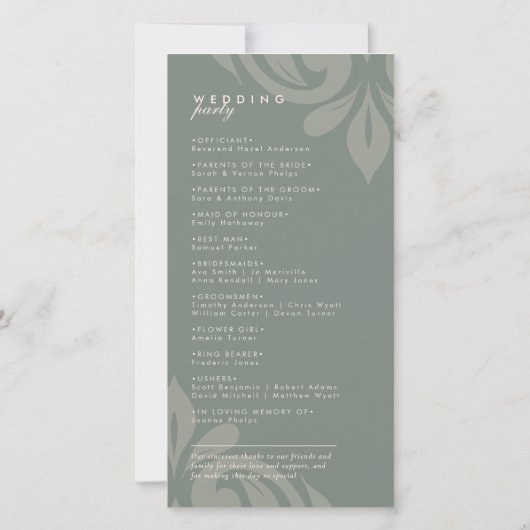 Smaakvol Elegant Damask Olive Wedding Programma (Achterkant)
