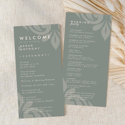 Smaakvol Elegant Damask Olive Wedding Programma
