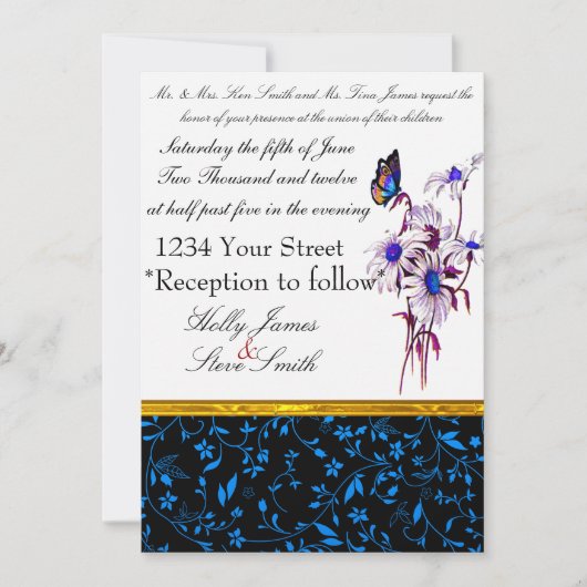 Smaakvolle blauwe madeliefjes en buffervlieg kaart (Voorkant)