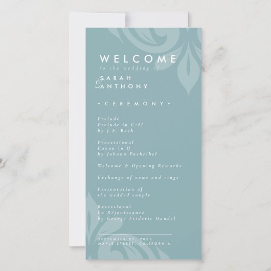 Smaakvolle Elegante Damast TinBlauw Huwelijksprogr (Voorkant)