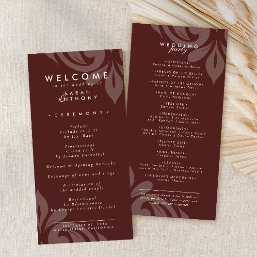 Smaakvolle Minimal Damask Mahogany Wedding Program