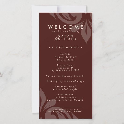 Smaakvolle Minimal Damask Mahogany Wedding Program (Voorkant)