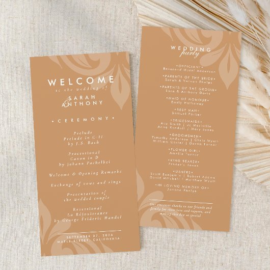 Smaakvolle Minimal Damask Ochre bruiloft programma