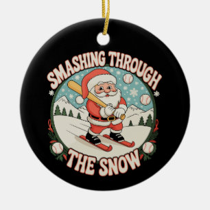 Smakend door de sneeuw honkbal kerstman keramisch ornament