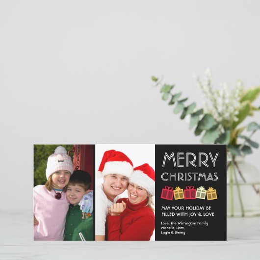 Smakerij met kerstcadeaudozen feestdagenkaart (Staand voorkant)