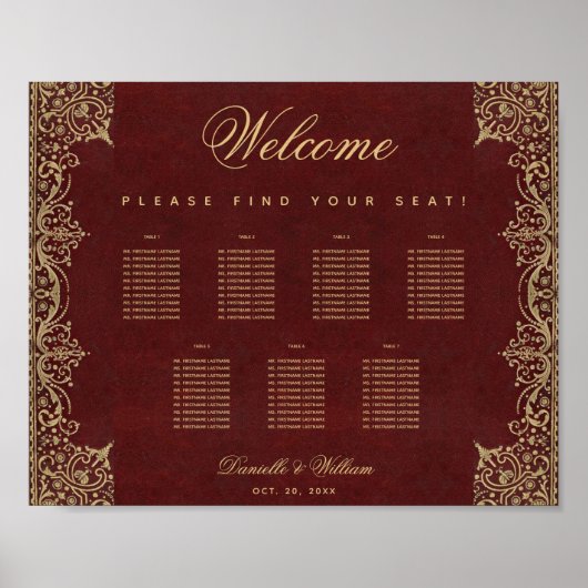 Small 7 Table  Bourgogne Gold Seating Chart Poster (Voorkant)