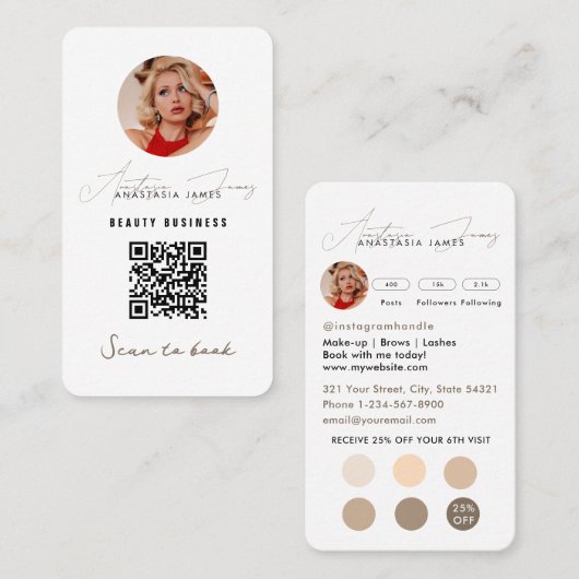 Small Business Discount Loyalty QR Code Boho Beige Visitekaartje (Voorkant / Achterkant)