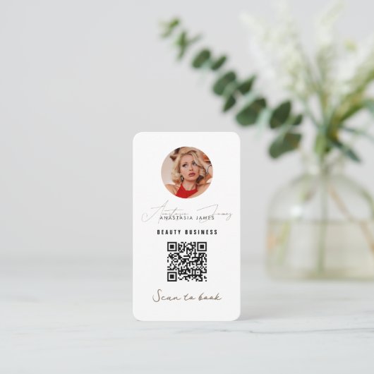 Small Business Discount Loyalty QR Code Boho Beige Visitekaartje (Staand voorkant)