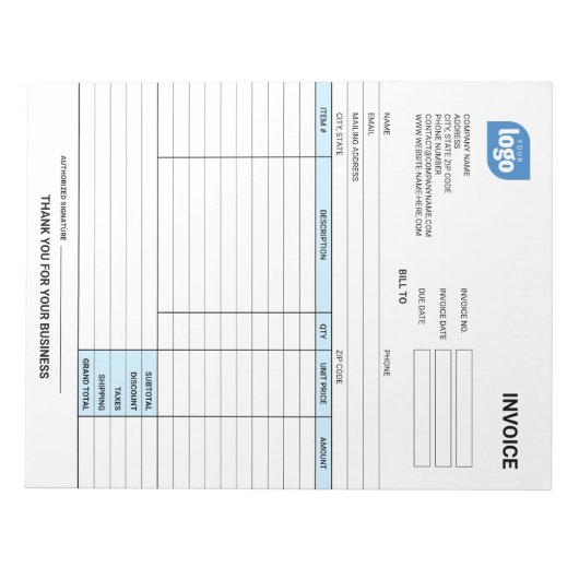 Small Business Logo Personalized Invoice Notepad Notitieblok (Voorkant)