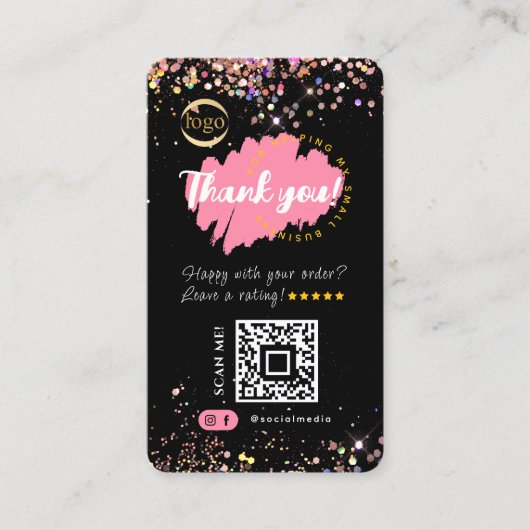 Small Business QR Code Logo Dank u Glitter Zwart Visitekaartje (Voorkant)