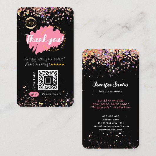 Small Business QR Code Logo Dank u Glitter Zwart Visitekaartje (Voorkant / Achterkant)