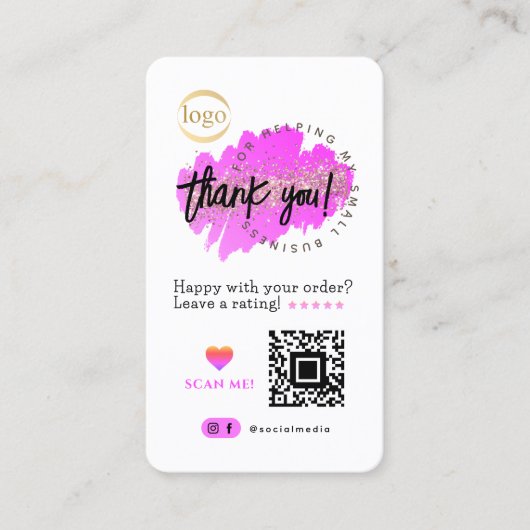 Small Business QR Code Logo Dank u Roze Glitter Visitekaartje (Voorkant)