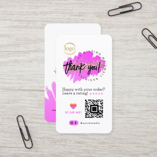 Small Business QR Code Logo Dank u Roze Glitter Visitekaartje (Voorkant / Achterkant in situ)