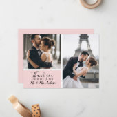 Small Elegant Blush 2 Photo Collage Wedding Notitiekaartje (Voorkant / Achterkant in situ)