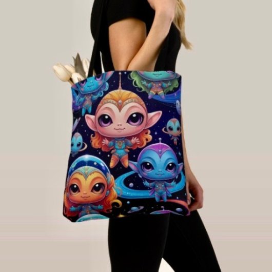 Small Multi-Coloured Aliens in Space Tote Bag
