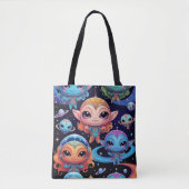 Small Multi-Coloured Aliens in Space Tote Bag (Voorkant)