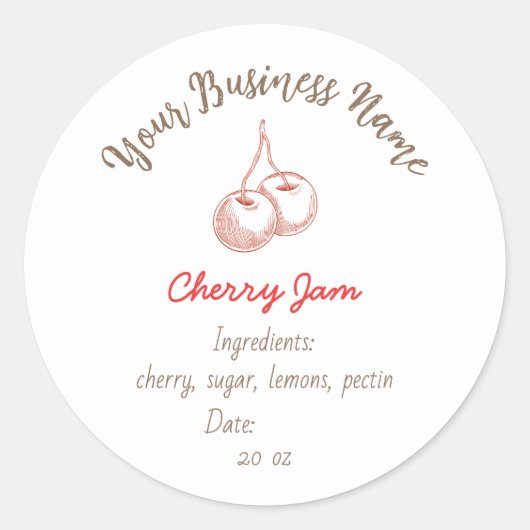 Small Organic Business Ingredients Cherry Jam Ronde Sticker (Voorkant)