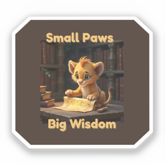 Small Paws Big Wisdom – Schattigee Leeuw Sticker (Voorkant)
