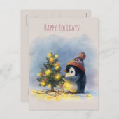 Small penguin decorates tiny Christmas tree, Feestdagenkaart (Voorkant / Achterkant)