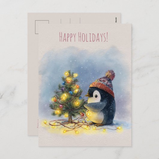 Small penguin decorates tiny Christmas tree, Feestdagenkaart (Voorkant / Achterkant)