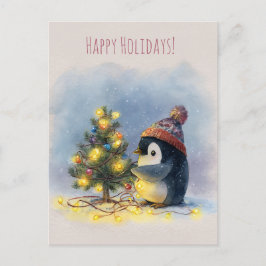 Small penguin decorates tiny Christmas tree, Feestdagenkaart