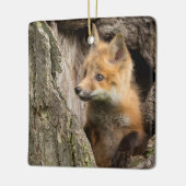 Small Red Fox in a Tree Hollow Keramisch Ornament (Links)