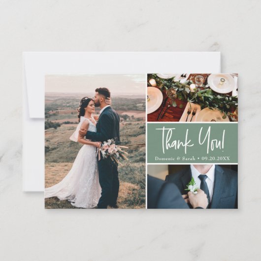 Small Sage green Custom Wedding photo collage Bedankkaart (Voorkant)