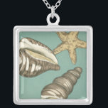Small Shell Trio op Blauwgroen Zilver Vergulden Ketting<br><div class="desc">Megan Meagher staat bekend om haar eenvoudige kunstwerken. Dit afbeelding geeft de eenvoud weer van de schatten van de zee,  van een kegel en een zeester. Meagher heeft een blauwgroen achtergrond in haar afbeelding om deze schatten te vergelijken. Profiteer vandaag nog van deze fijne kunst op uw Zazzle-product.</div>