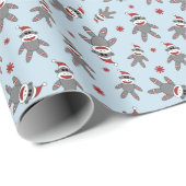 Small Sock Monkey With Santa Hat Blue Christmas Cadeaupapier (Rol Hoek)