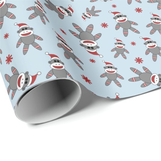 Small Sock Monkey With Santa Hat Blue Christmas Cadeaupapier (Rol Hoek)