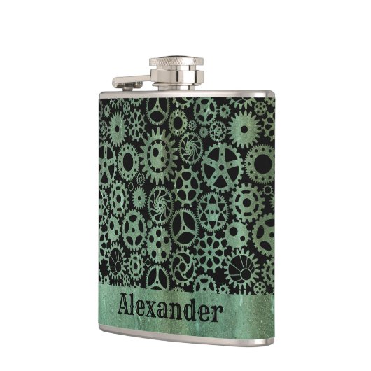 Small Steampunk Verdigris Bronze Gears Aangepaste  Heupfles (Links)