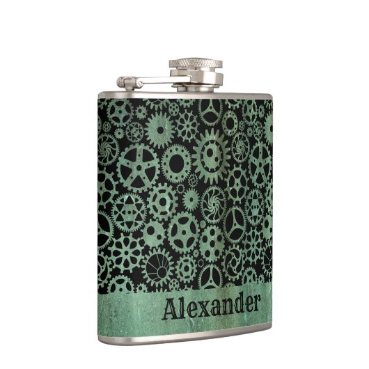 Small Steampunk Verdigris Bronze Gears Aangepaste  Heupfles (Rechts)