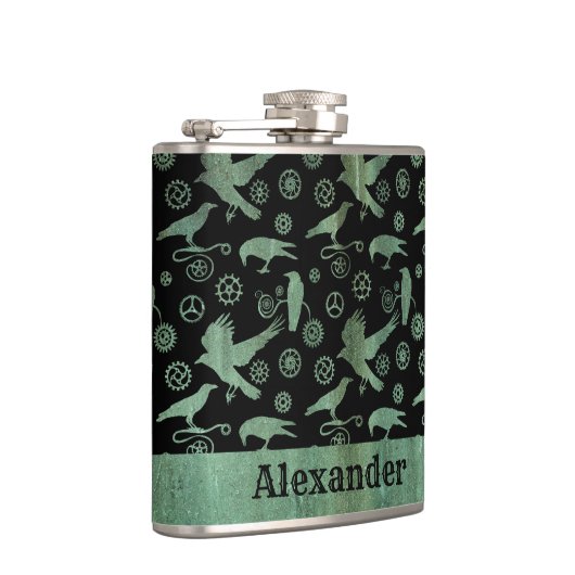 Small Steampunk Verdigris Gears en Crows Custom Heupfles (Rechts)