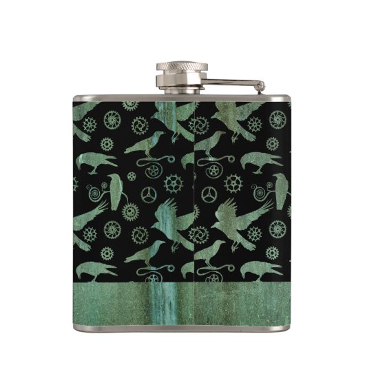 Small Steampunk Verdigris Gears en Crows Custom Heupfles (Achterkant)