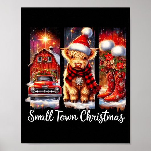 Small Town Christmas Highland Cow Western Art  Poster (Voorkant)