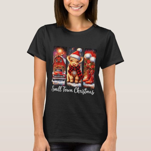 Small Town Christmas Highland Cow Western Art  T-shirt (Voorkant)
