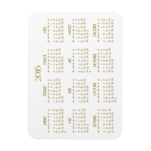 Small White and Gold Yarly Calendar 2016 Magnets Magneet (Verticaal)