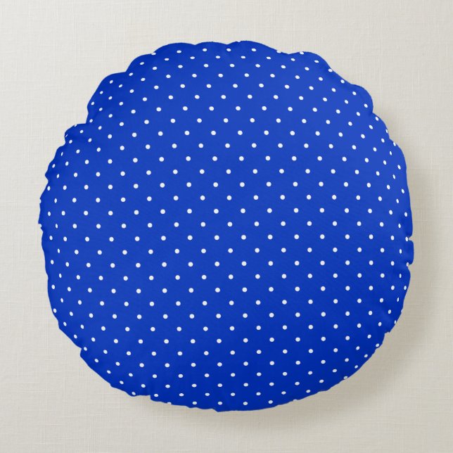 Small White Polkadots on Cobalt Blue Round Pillow Rond Kussen (Voorkant)