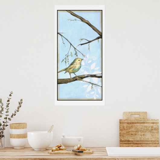 Small Yellow Bird Perched on a Branch Looking up Poster (Keuken)