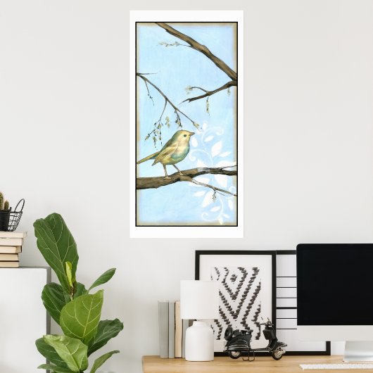 Small Yellow Bird Perched on a Branch Looking up Poster (Thuiskantoor)