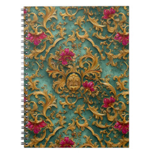 Smaragd Barok Bloemmotief met Gouden Ornamenten Notitieboek
