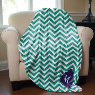 Smaragd & Blauw Zigzag Patroon Monogram Fleece Deken