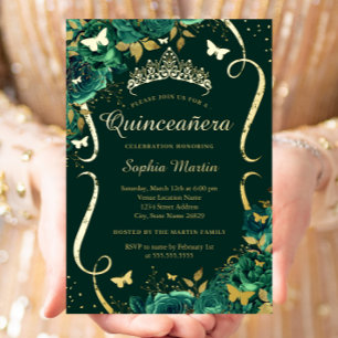 Smaragd Bloem Vlinder Tiara Quinceanera Folie Uitnodiging