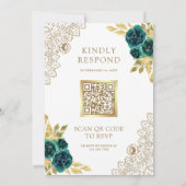 Smaragd Bloem Wit Gouden Kant QR Code Trouwen Kaart (Achterkant)
