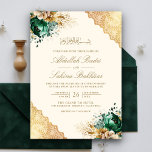Smaragd Bloemen Goud Kant Cream Moslim Bruiloft Kaart<br><div class="desc">Verras uw gasten met deze elegante islamitische bruiloft uitnodiging met prachtige smaragdgroene bloemen en ingewikkelde kant met moderne typografie. Voeg eenvoudig uw evenementgegevens toe aan deze gebruiksvriendelijke sjabloon om er een unieke uitnodiging van te maken.</div>