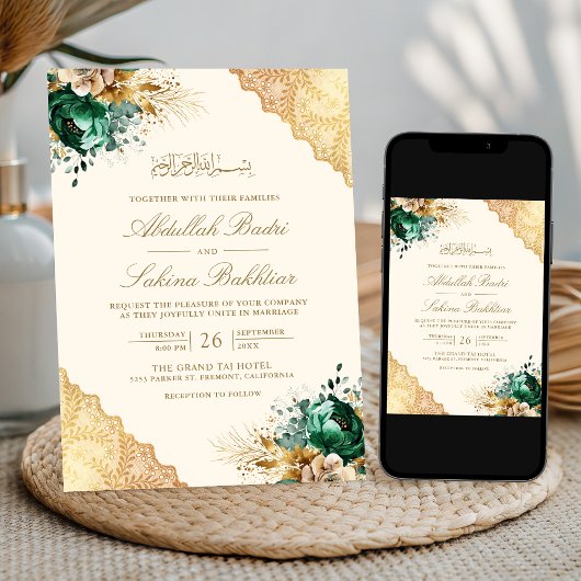 Smaragd Bloemen Goud Kant Cream Moslim Bruiloft Kaart