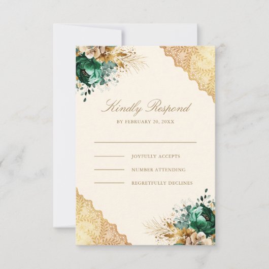 Smaragd Bloemen Goud Kant Cream Moslim Bruiloft RSVP Kaartje (Voorkant)