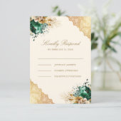 Smaragd Bloemen Goud Kant Cream Moslim Bruiloft RSVP Kaartje (Staand voorkant)