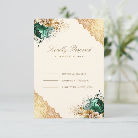 Smaragd Bloemen Goud Kant Cream Moslim Bruiloft RSVP Kaartje (Staand voorkant)